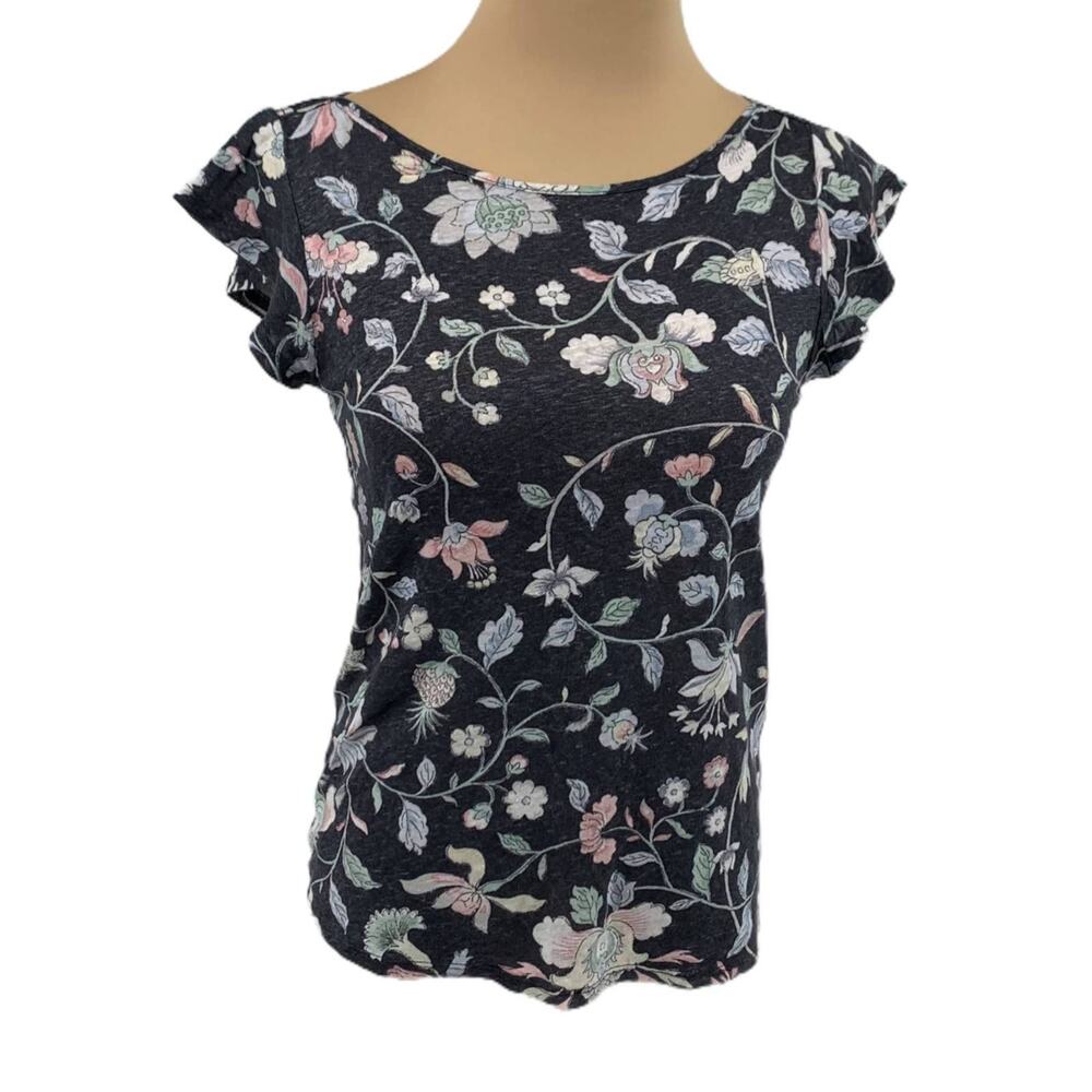 Loft Womens Blouse Blue White Floral Cap Sleeve Scoop Neck Pullover Linen XS